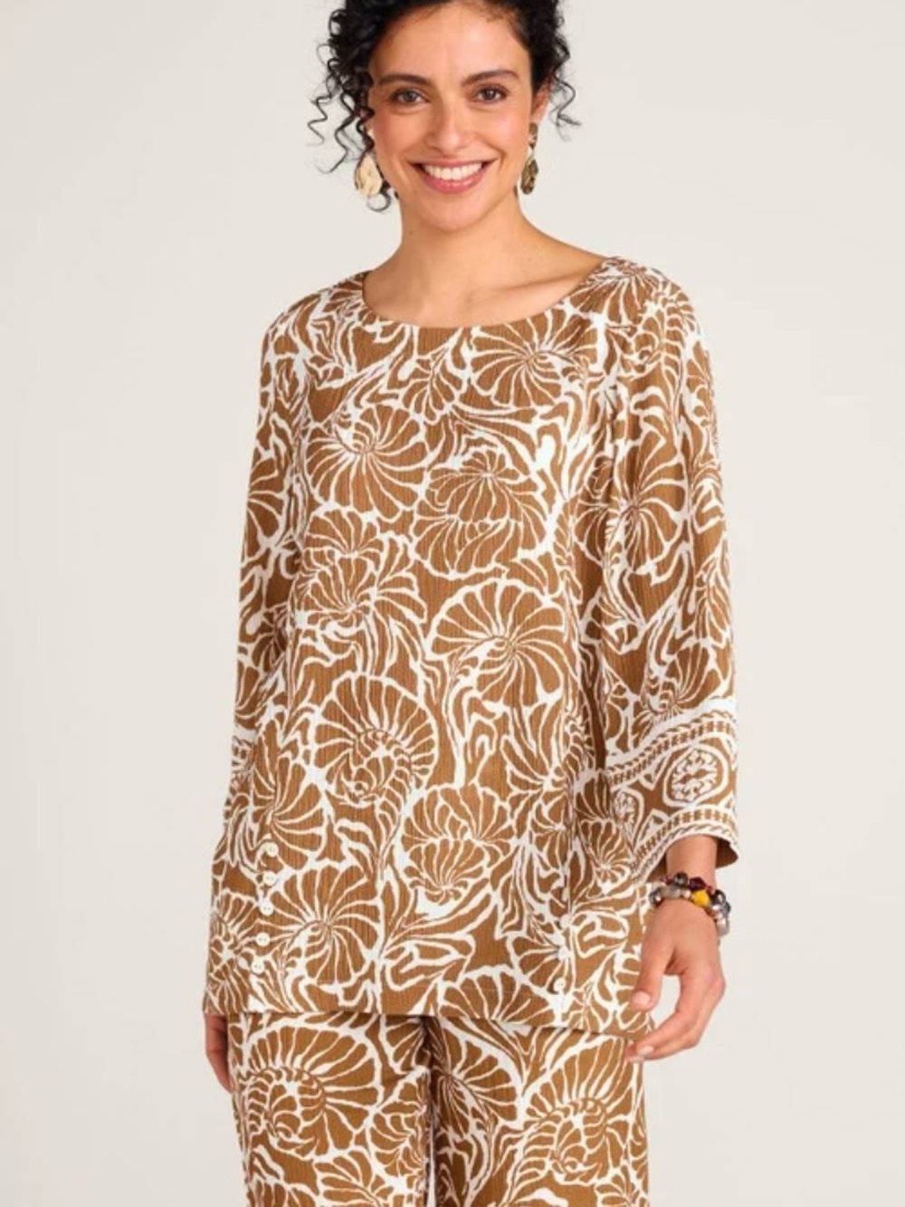 SOFT SURROUNDINGS OCEO GAUZE CRINKLE TUNIC ~NAUTICAL SHELLS NEUTRAL  PRINT SZ PM